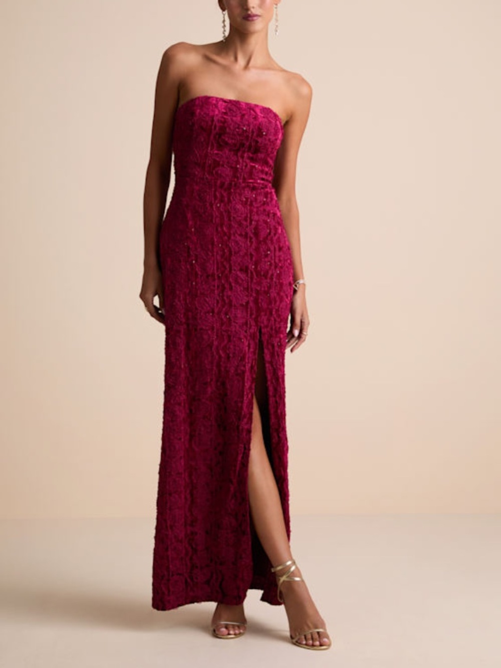 Lulus Chic Grace Burgundy Velvet Floral Applique Strapless Maxi Dress Red
